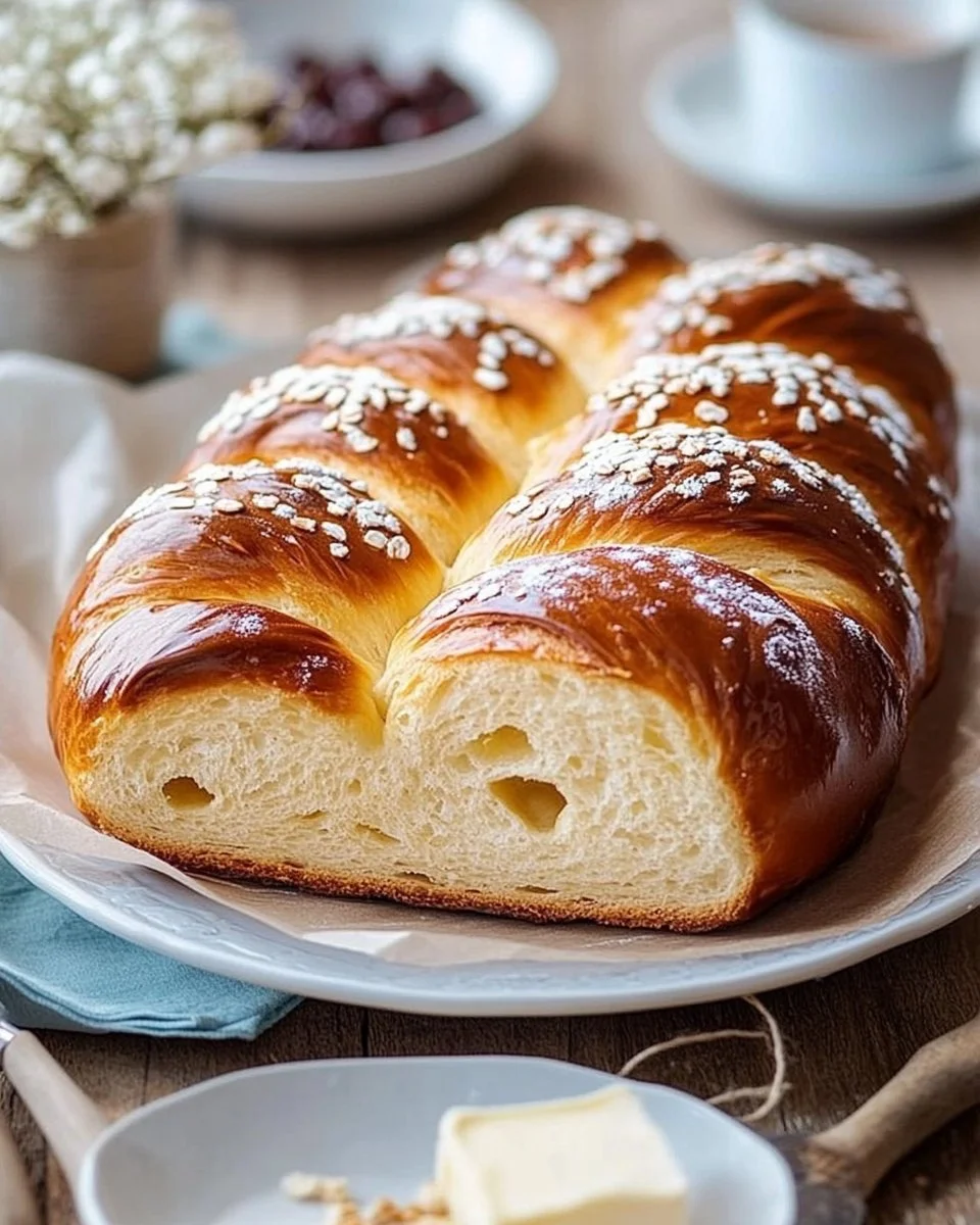 Hefezopf frisch gebacken auf einem Holzbrett