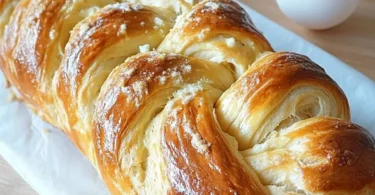 Hefezopf mit Quarkfüllung auf einem Teller, frisch gebacken und verführerisch