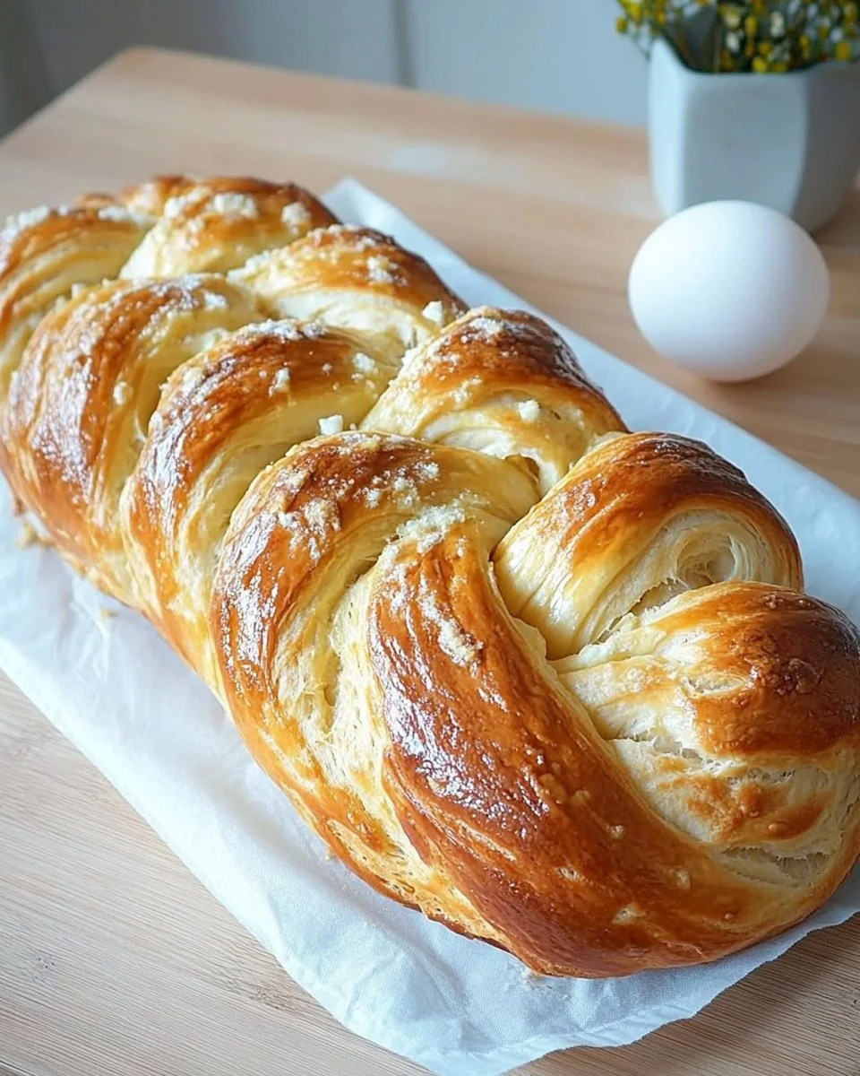 Hefezopf mit Quarkfüllung auf einem Teller, frisch gebacken und verführerisch