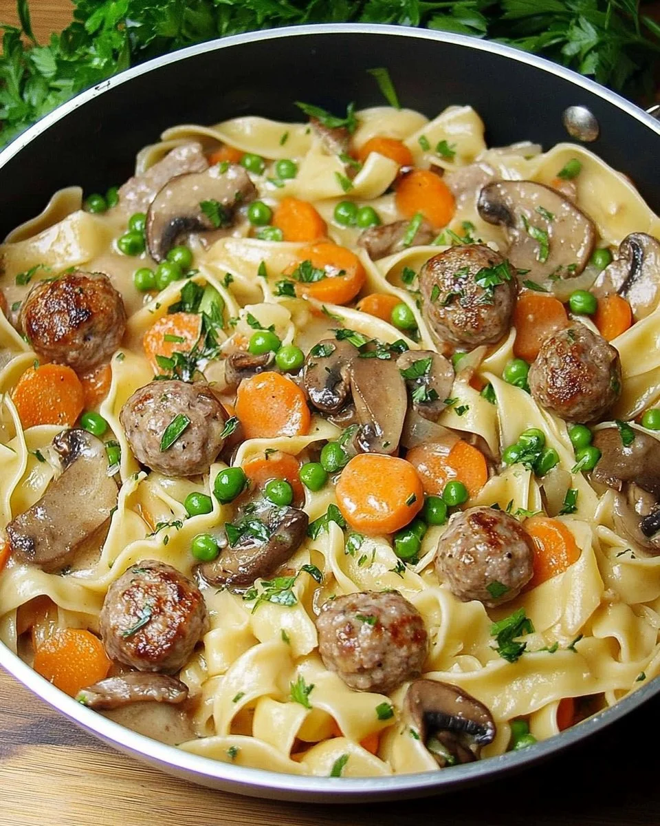 Herzhafte Nudelpfanne mit frischem Gemüse und einer würzigen Soße