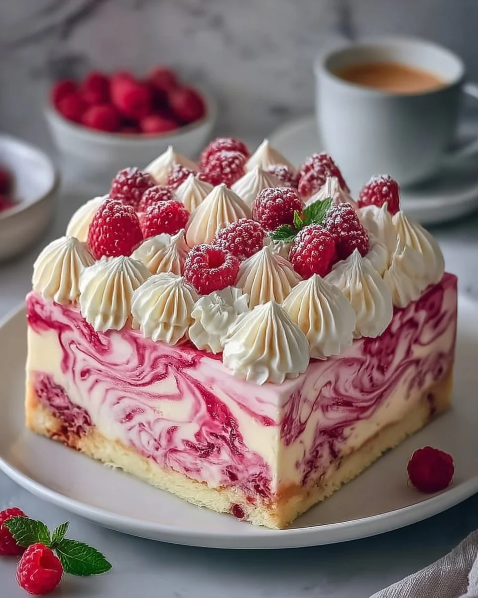 Himbeer-Wirbel-Käsekuchen mit frischen Himbeeren und cremigem Käsebelag