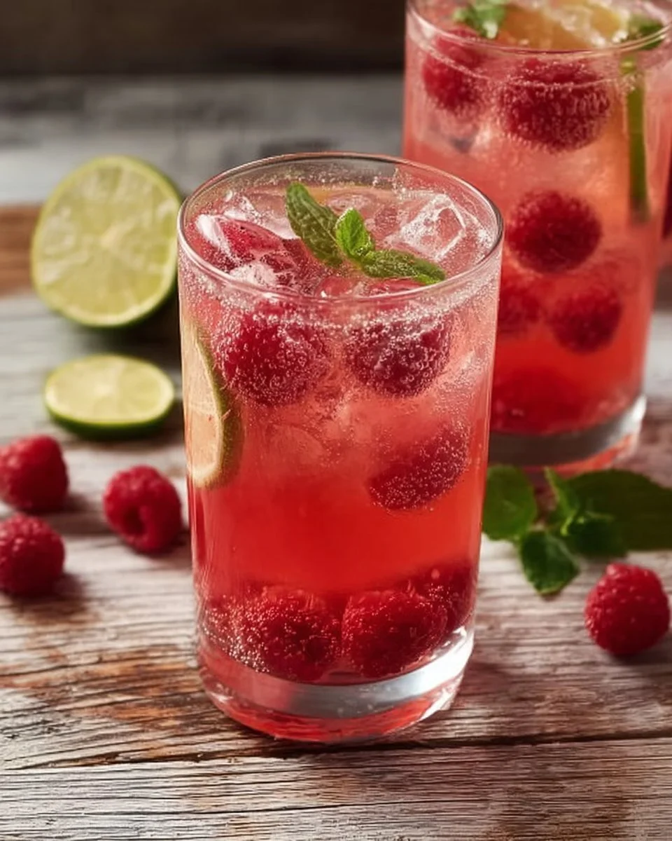 Erfrischende Himbeerlimonade ohne Zucker in einem Glas mit frischen Himbeeren