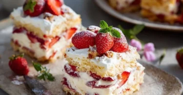 Himmelstorte vom Blech mit Erdbeeren auf einem Teller