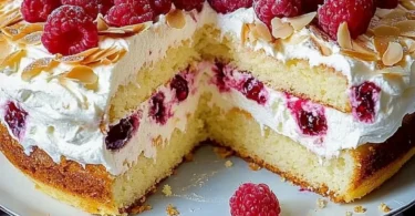 Himmlischer Kuchen mit Himbeeren auf einem Teller