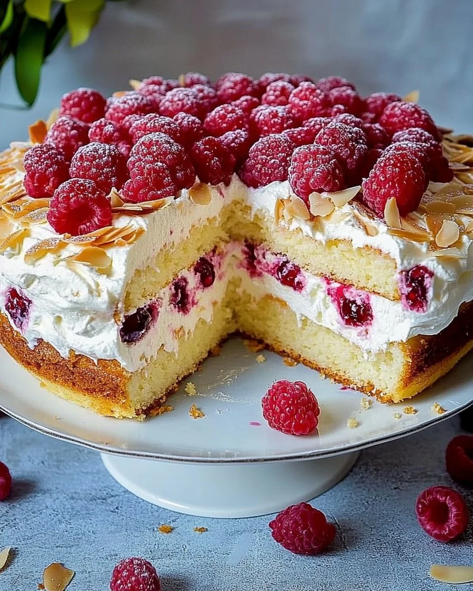 Himmlischer Kuchen mit Himbeeren auf einem Teller