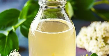 Flasche Holunderblütensirup mit frischen Holunderblüten und Zitronenscheiben