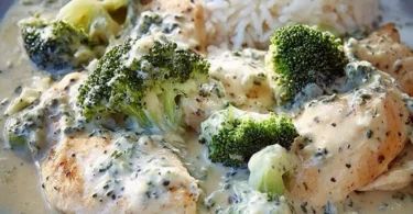 Hühnchen mit Brokkoli und Kräuterfrischkäse auf einem Teller serviert