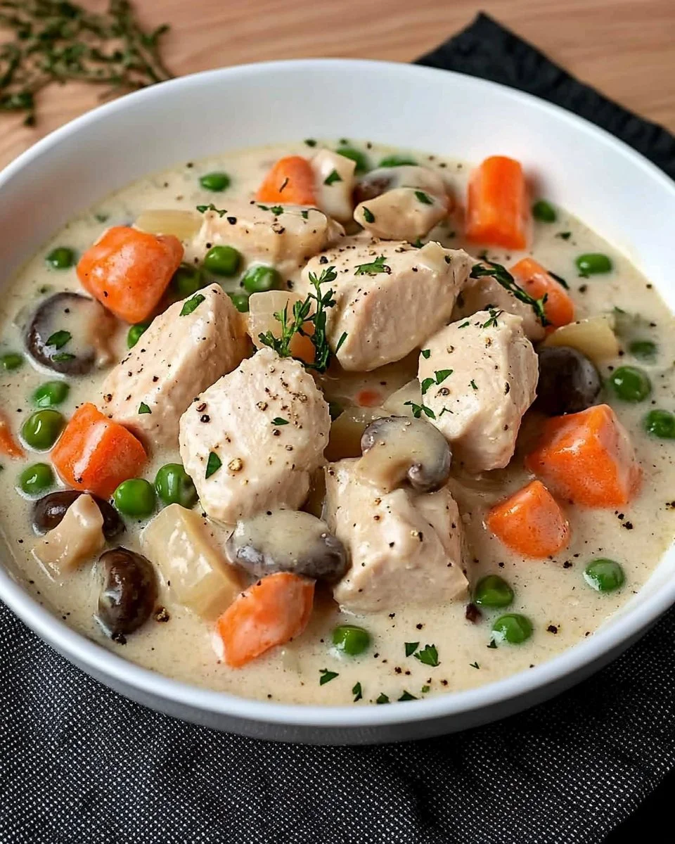 Hühnchen mit Gemüse und Sahnesauce auf einem Teller serviert