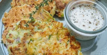 Hüttenkäse Puffer mit Zucchini auf einem Teller garniert