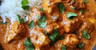 Indisches Butterhähnchen frisch aus dem Ofen, serviert mit Beilagen.