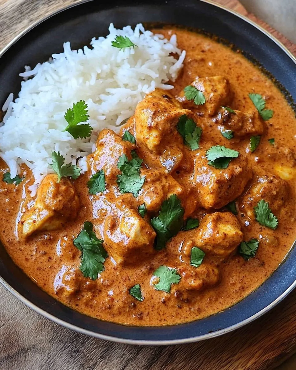 Indisches Butterhähnchen frisch aus dem Ofen, serviert mit Beilagen.