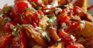 Iskender Kebab mit Joghurt und Tomatensauce auf einem Teller serviert