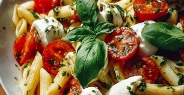 Italienischer Nudelsalat mit Mozzarella und Tomaten auf einem Tisch serviert.