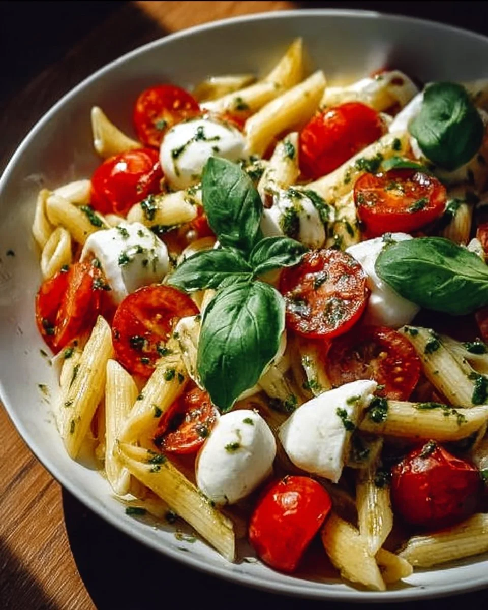Italienischer Nudelsalat mit Mozzarella und Tomaten auf einem Tisch serviert.