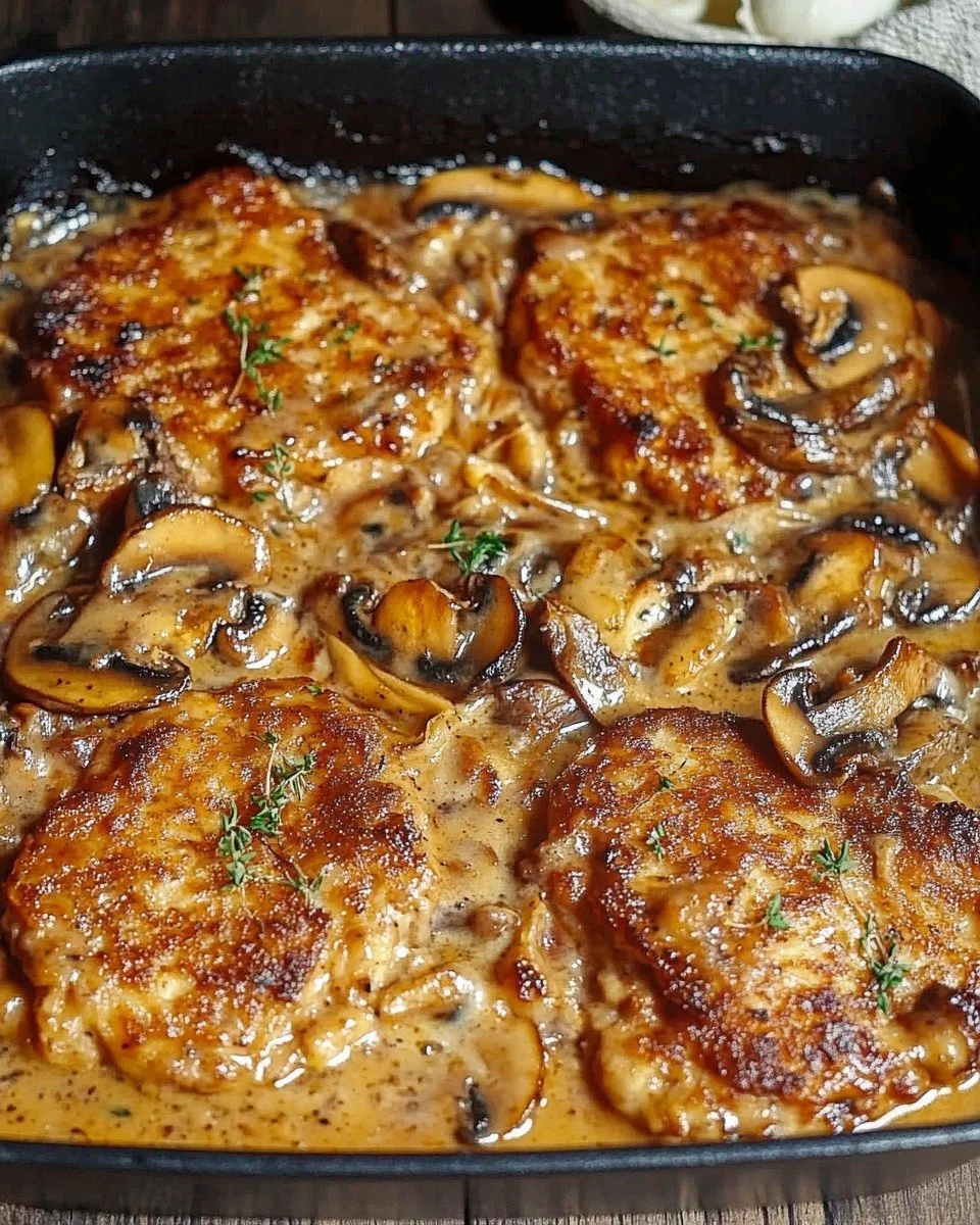 Jäger Schnitzel Pfanne mit saftigem Fleisch und Pilzen auf einem Teller