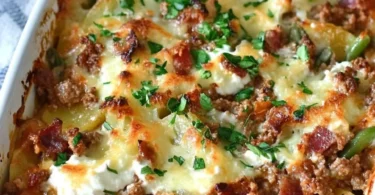 Herzhafter Kartoffel-Bohnen-Hackfleischauflauf frisch gebacken mit Käse überbacken.