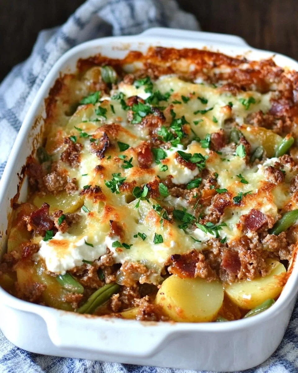 Herzhafter Kartoffel-Bohnen-Hackfleischauflauf frisch gebacken mit Käse überbacken.