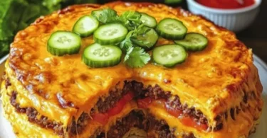 Käseburger-Torte mit buntem Topping auf einem Teller