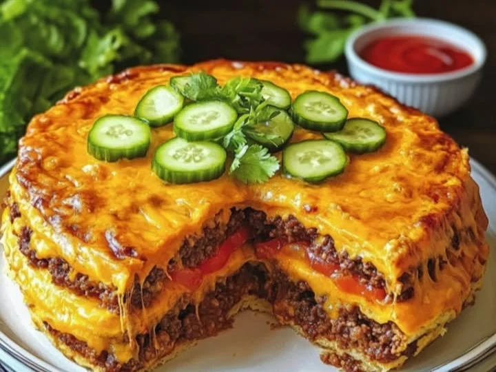 Käseburger-Torte mit buntem Topping auf einem Teller