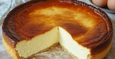 Käsekuchen mit frischer Fruchtdeko auf einem eleganten Tischteller