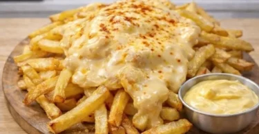 Käsesoße für Pommes in einer Schüssel, ideal zum Dippen.