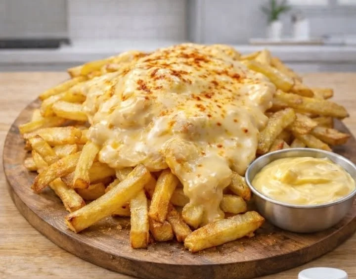 Käsesoße für Pommes in einer Schüssel, ideal zum Dippen.