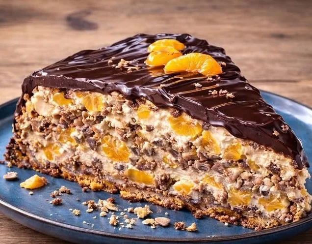 Kiesgrubenkuchen mit Mandarinen auf einem Teller, verziert mit frischem Obst.