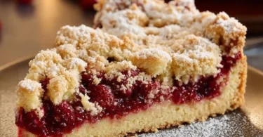 Kirsch-Himbeer-Kuchen mit Kokosstreuseln auf einem Teller serviert