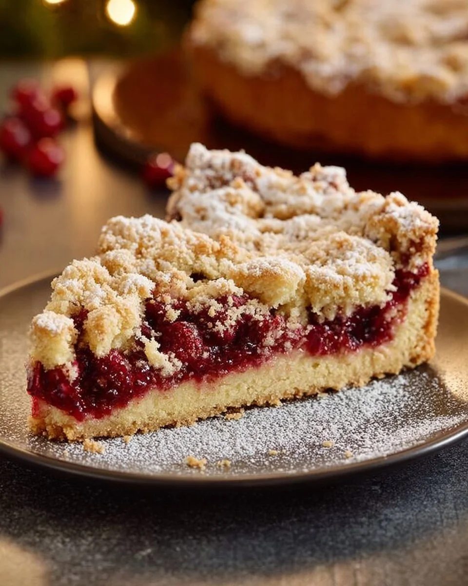 Kirsch-Himbeer-Kuchen mit Kokosstreuseln auf einem Teller serviert