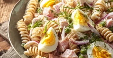Klassischer Nudelsalat mit frischem Gemüse und Dressing