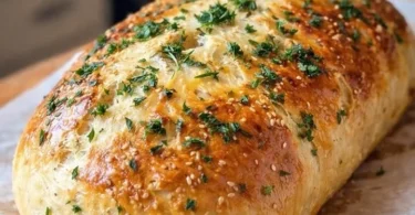Knoblauchbrot ohne Kneten auf einem rustikalen Holzbrett serviert.