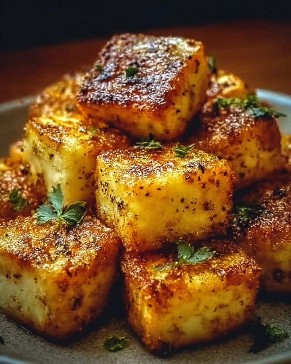 Knuspriger Feta im Airfryer zubereitet und serviert