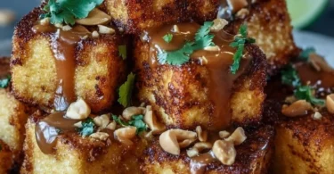 Knuspriger Tofu mit Erdnusssauce auf einem Teller serviert.