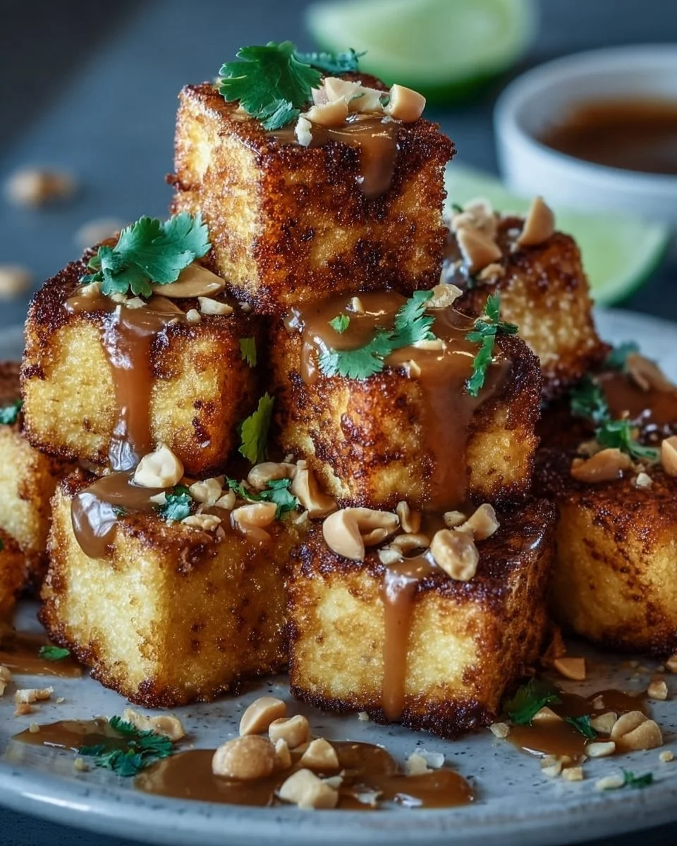Knuspriger Tofu mit Erdnusssauce auf einem Teller serviert.