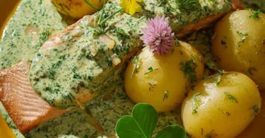 Lachsfilet mit Frankfurter Grüner Sauce und Beilagen von Kartoffeln