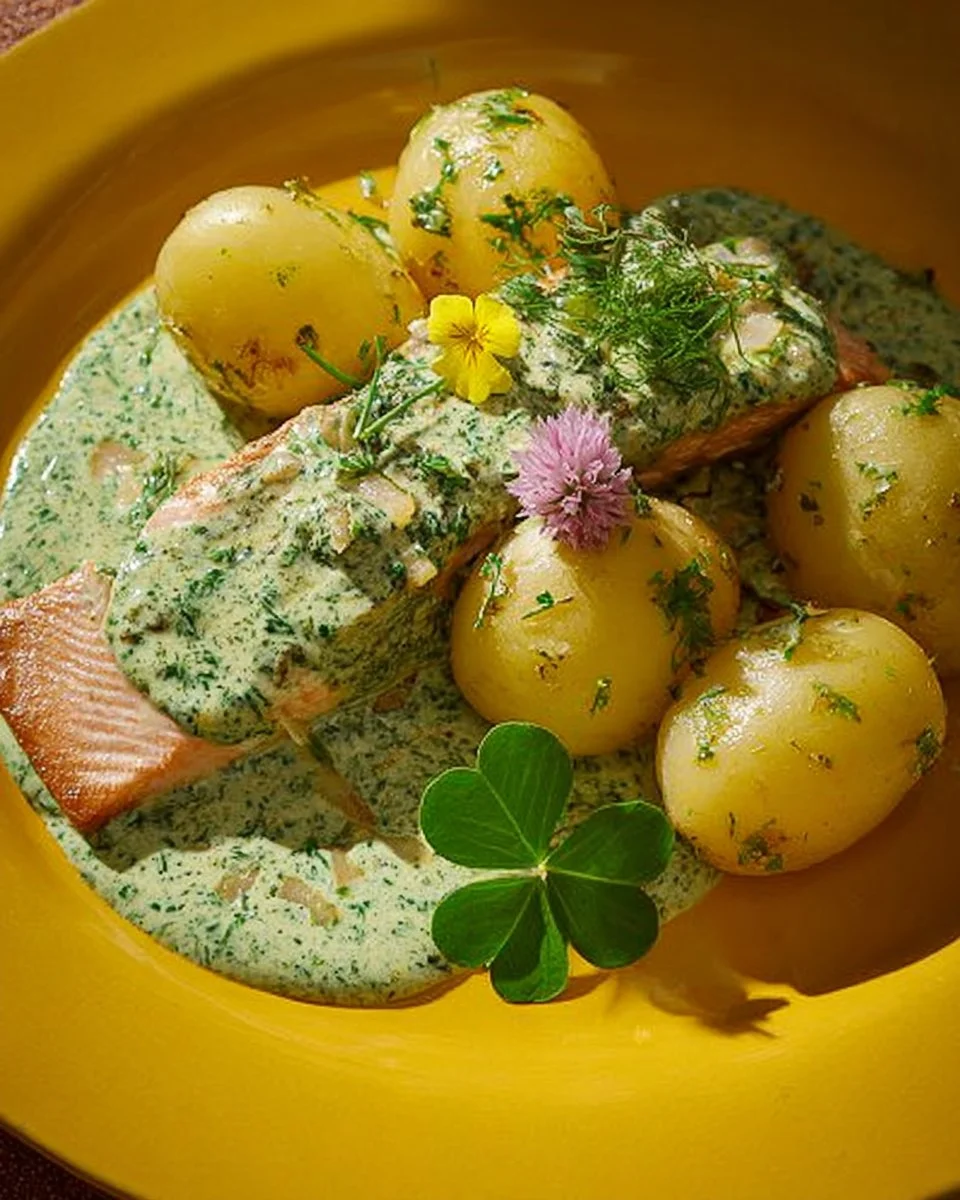 Lachsfilet mit Frankfurter Grüner Sauce und Beilagen von Kartoffeln