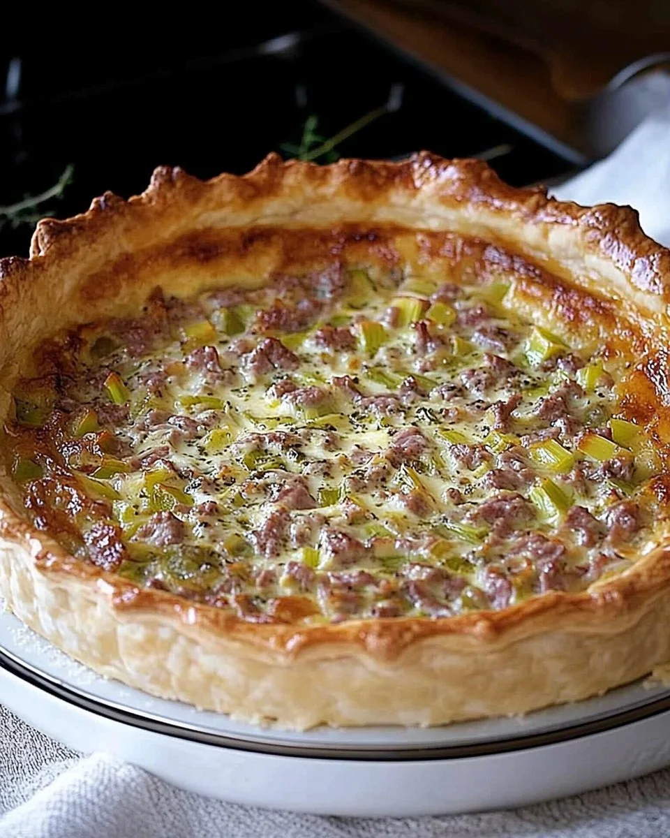 Lauch- und Rindfleisch-Tarte auf einem Teller serviert