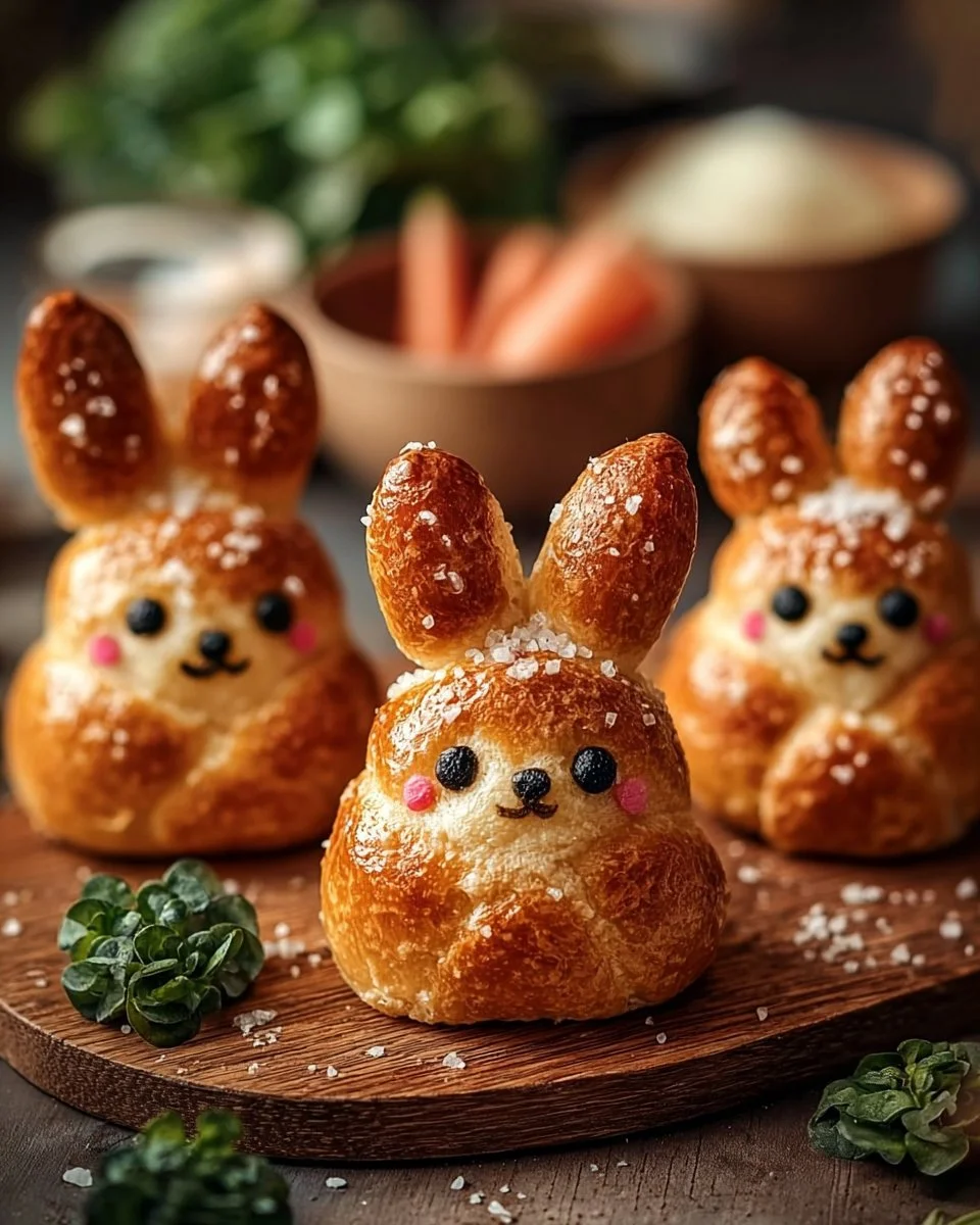 Laugenstangen-Hasen mit Karotten-Creme auf einem Teller