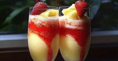 Lava Flow Cocktail in einem Glas mit frischen Früchten dekoriert