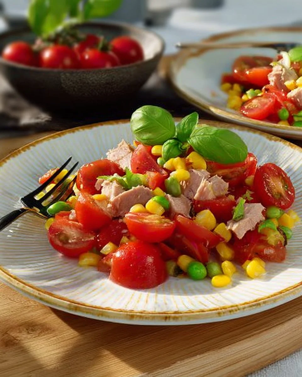 Leichter Thunfisch-Tomate-Salat auf einem Teller, angerichtet mit frischen Zutaten.