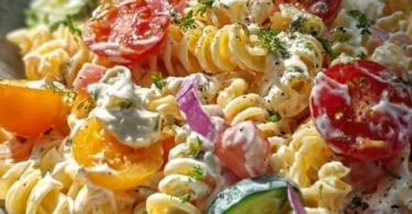 Leichter Nudelsalat mit Joghurt-Dressing in einer bunten Schüssel