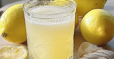 Flasche Limonen-Ingwer-Likör auf einem Holztisch mit frischen Limetten und Ingwer
