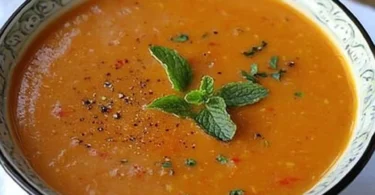 Türkische Linsensuppe mit roten Linsen in einer Schüssel serviert