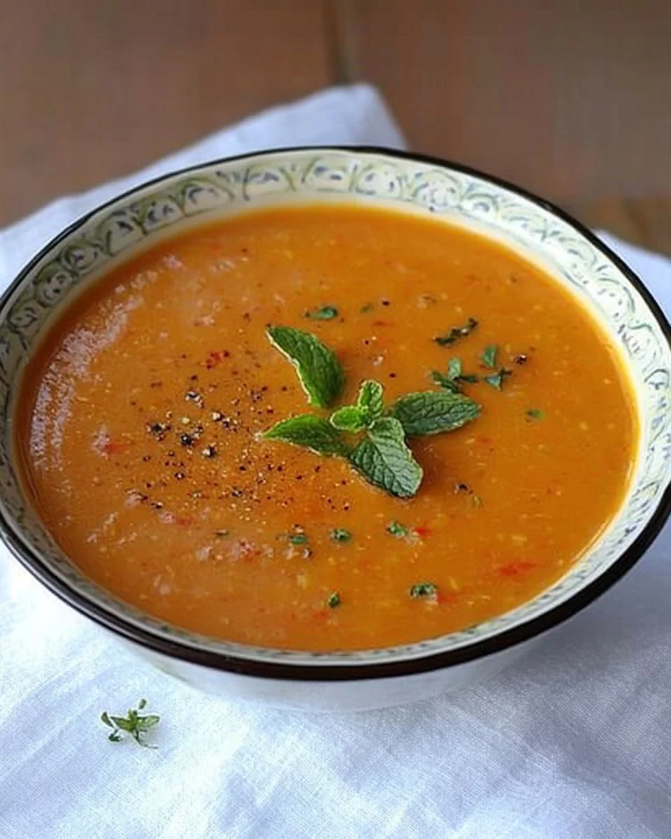 Türkische Linsensuppe mit roten Linsen in einer Schüssel serviert