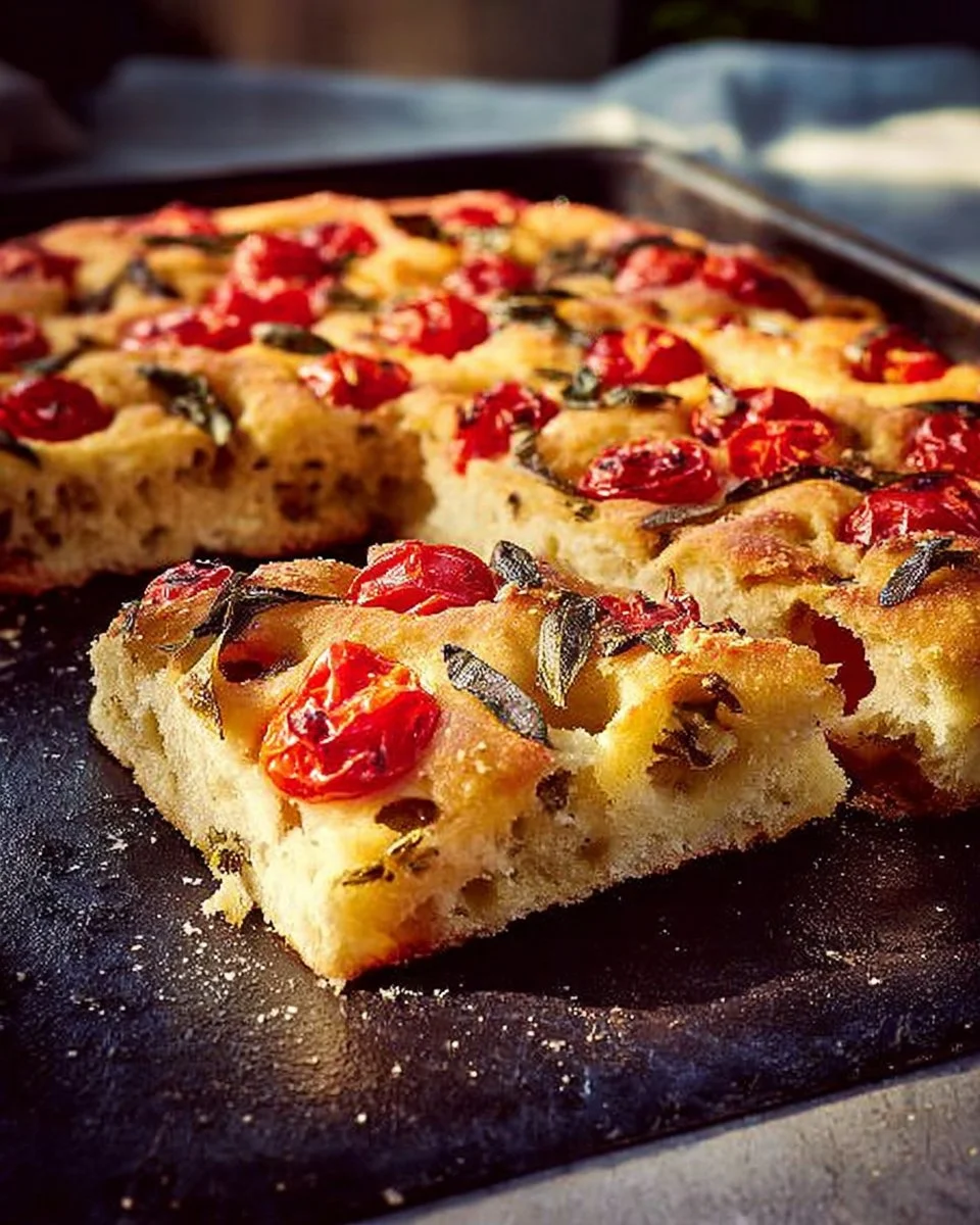 Luftige Focaccia mit Kirschtomaten und Kräutern frisch gebacken