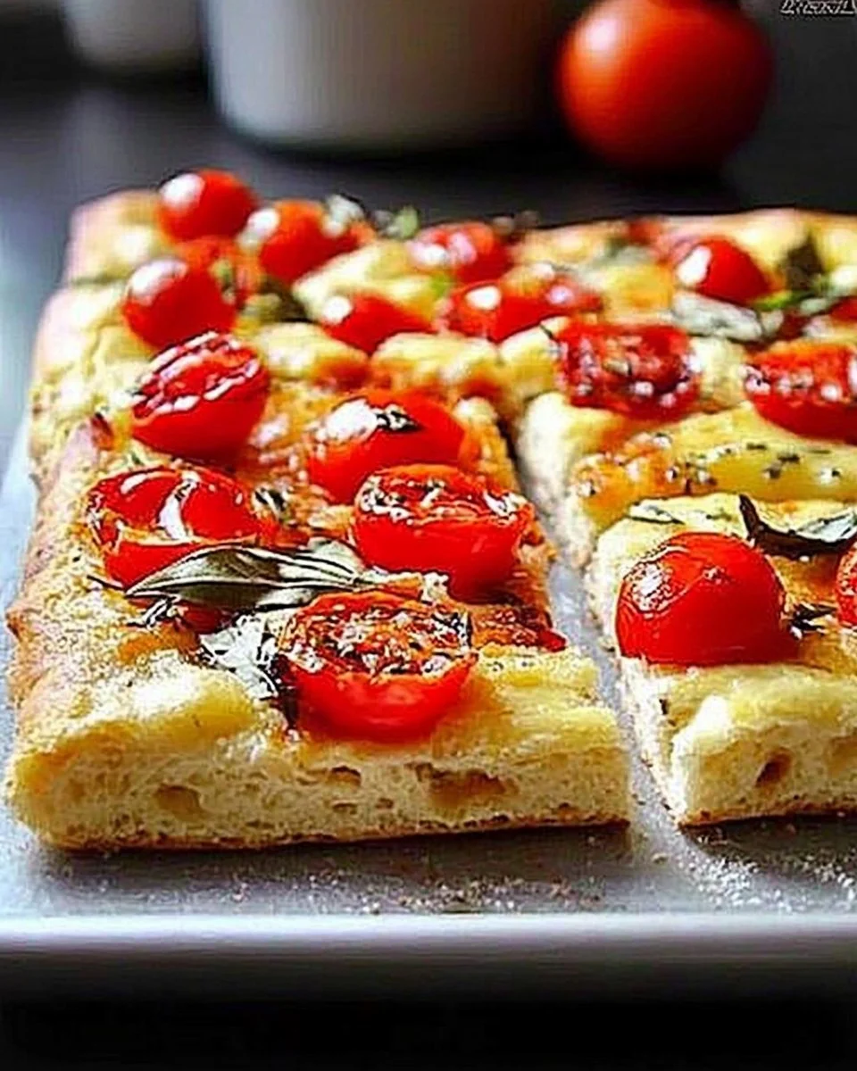 Luftige Focaccia mit Kirschtomaten und Kräutern