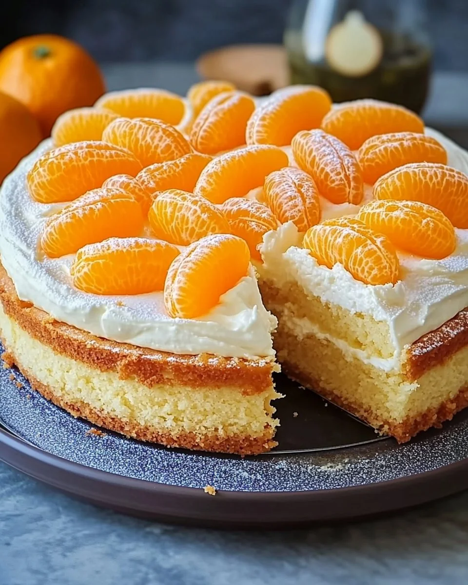 Mandarinen-Schmand-Kuchen auf einem Teller mit frischen Mandarinen
