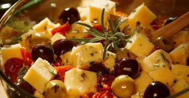 Marinierter Gouda mit Gewürzen und Kräutern serviert auf einem Holzbrett.