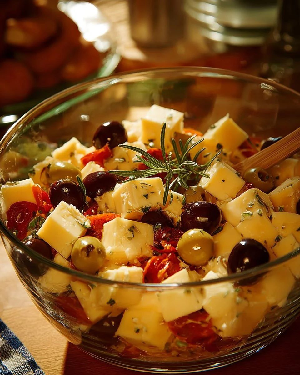 Marinierter Gouda mit Gewürzen und Kräutern serviert auf einem Holzbrett.
