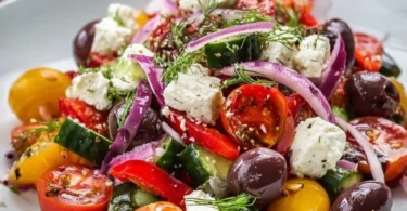 Mediterraner Salat für Grillpartys mit frischem Gemüse und Feta-Käse